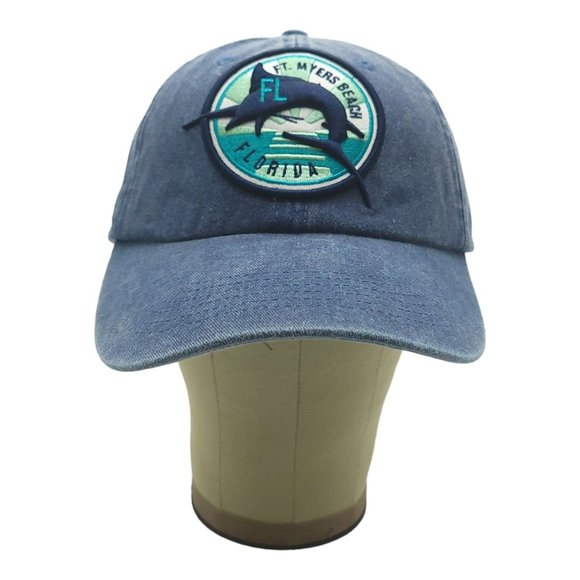 Ft Myers Beach Florida Marlin Fishing Tuck Strap Cap Trucker Baseball Hat Denim - Picture 7 of 12